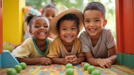 Smiling children lying on a colorful surface with green balls, outdoors in a playful, vibrant setting, representing joy and friendshipの素材