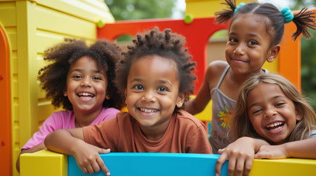 Happy children smiling and enjoying a colorful playground on a sunny day, showcasing friendship and outdoor funの素材