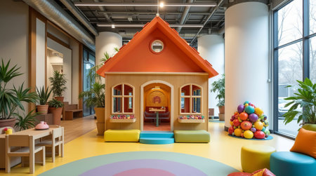 Vibrant indoor playhouse with colorful furniture, plants, and playful decor in a bright and spacious children's play area. Concept of playhouseの素材