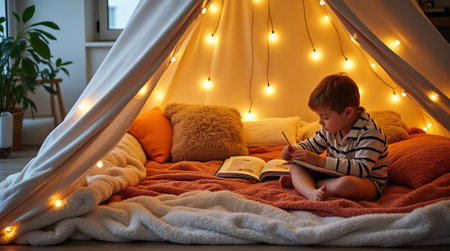 Child reading and writing in a cozy indoor tent surrounded by pillows, blankets, and glowing string lights, creating a warm ambiance. Concept of playhouse in cheerful kid's spaceの素材