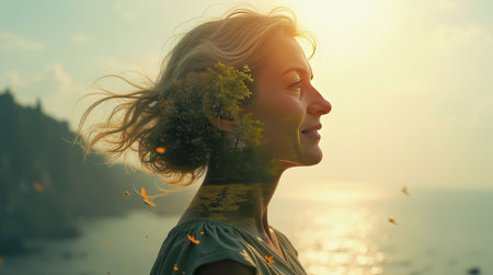 Portrait of a smiling woman with nature elements blended into her silhouette, set against a warm sunset by the sea. Concept of harmony. Mental health concept.の素材