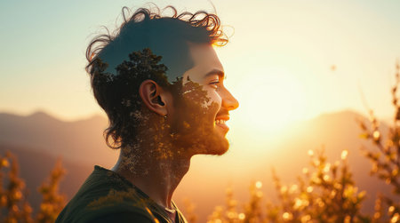 Double exposure of a smiling man with trees and sunlight blending into his profile, set against a warm sunset, symbolizing harmony, Mental health concept.の素材