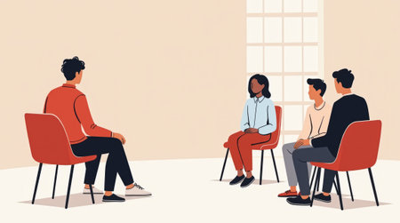 People seated in a circle engaging in conversation, minimalistic flat graphic style, beige background, teamwork concept. Emotional support.の素材
