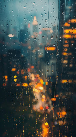 Raindrops on window with blurred city lights in the background.の素材