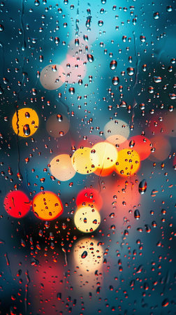Raindrops on window with blurred city lights in the background.の素材