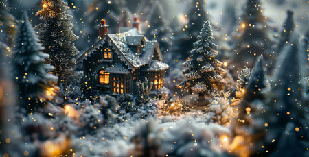A small house with a chimney sits in a snowy forest. The house is lit up with lights, creating a warm and cozy Christmas atmosphere.の素材
