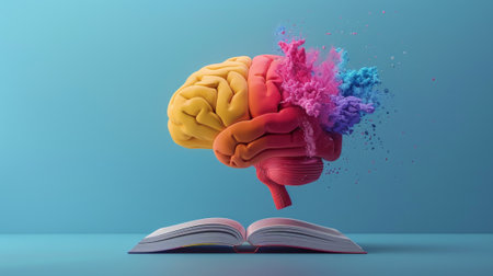 Concept of education and success. A colorful brain is shown in the middle of an open book.の素材