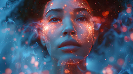 A woman's face is surrounded by a blue and red smoke. Concept emotional intelligence, exploring the mind, self-discovery, introspection, thinking process.の素材