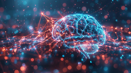 A glowing brain illustration with light connections, surrounded by colorful particles, conveying innovation and technologyの素材