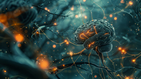 Illuminated human brain with neural connections emitting glowing signals on a dark abstract background, representing neuroscience and cognitionの素材