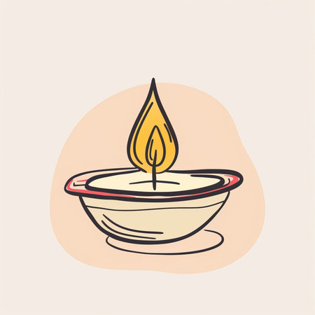 Diwali, Hindu festival of lights celebration. A candle is lit in Diya oil lamps. Drawing illustrationの素材