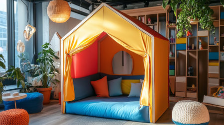 Vibrant childrens playroom with colorful tent and toys. Concept of playhouseの素材