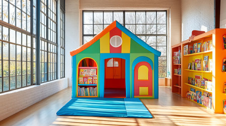 Colorful playhouse and bookshelves in a bright reading area with large windows, promoting creativity and learning for children. Concept of playhouseの素材