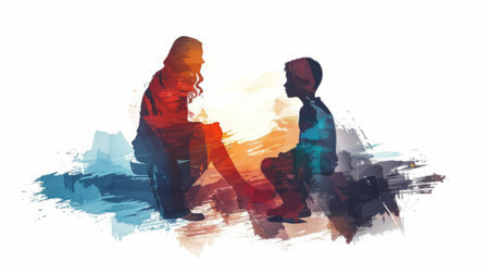 Psychologist trying to understand child, support him and help cope with problems. A child and adult silhouette sitting on chairs on a white background. Mental health kids concept.の素材