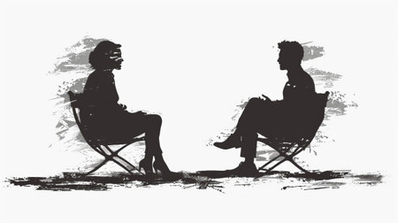 Two silhouettes seated in conversation, conveying connection and dialogue. Mental health concept. Psychologist trying to understand person, support him and help cope with problems.の素材