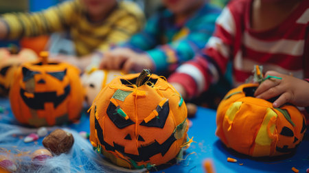 Children crafting Halloween pumpkins at a table. Focus on pumpkins, kids blurred in the background. Halloween decor and craftwork, eco friendly, sustainable concept.の素材