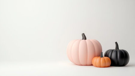Three pumpkins in pastel pink, orange, and black on a white background. Minimalist, modern, Halloween, and autumn decor conceptの素材
