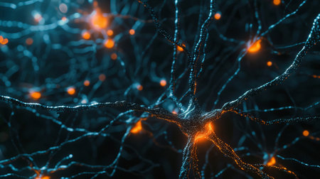 Abstract digital representation of interconnected neural networks with glowing nodes and lines on a dark background, concept of technology and brain functionsの素材