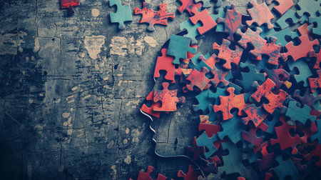Image of a human head silhouette made from scattered colorful puzzle pieces on a grungy textured background, symbolizing the concept of mental health and cognitionの素材