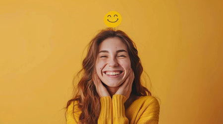Woman in yellow smiling widely with a smiley face above her head, on a yellow background. Concept of happiness and positivityの素材