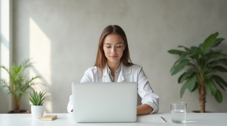 Confident woman in white coat using laptop at desk in bright office with plants, concept of medical professional and technologyの素材