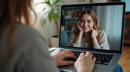 A woman having a video call on her laptop, smiling while looking at the screen. The background is a cozy home with warm lighting and decor. Concept of online communicationの素材