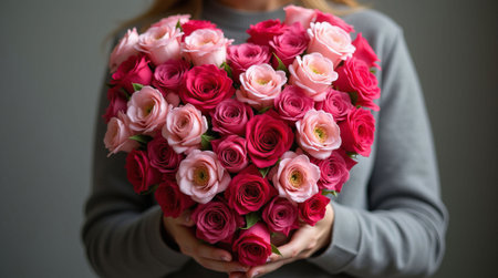 Heart-shaped pink and red rose bouquet held by a person in a gray sweater, set against a soft neutral background. Flower delivery conceptの素材