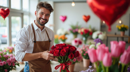 Smiling man in apron holding a bouquet of red roses in a vibrant flower shop with heart decorations, symbolizing love and romance. Valentine's Day Flower Delivery Conceptの素材