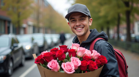 Smiling man holding red and pink roses in a brown wrapper, standing on a city street with trees and cars in the background, Valentine's Day Flower Delivery Conceptの素材