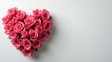 Pink roses arranged in a heart shape, placed on a light plain background. Concept of love, romance, and celebration. Copy spaceの素材