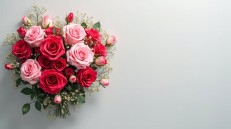 Elegant bouquet of pink and red roses with delicate greenery on a light backdrop, symbolizing love and romance. Copy spaceの素材