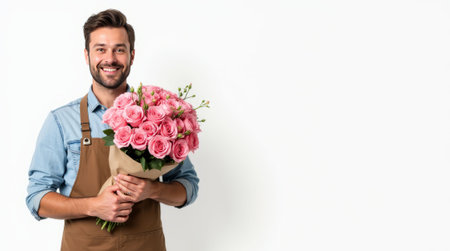 Smiling man in apron holding pink rose bouquet, white background, floral shop concept, cheerful and professional. Flower delivery concept. Copy spaceの素材