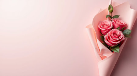 A bouquet of fresh pink roses wrapped in pastel pink paper, placed gracefully on a soft pink background, symbolizing romance and elegance. Flower delivery concept. Copy spaceの素材