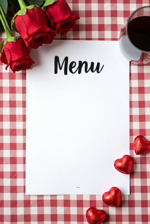 Blank menu with red roses, heart-shaped chocolates, wine glass on checkered tablecloth. Menu template, mockup for Valentine's Day for copy spaceの素材