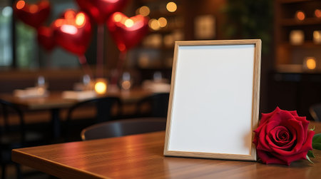 Menu template on table with red rose beside it, blurred heart-shaped balloons, and romantic restaurant background. Menu template, mockup for Valentine's Day for copy spaceの素材