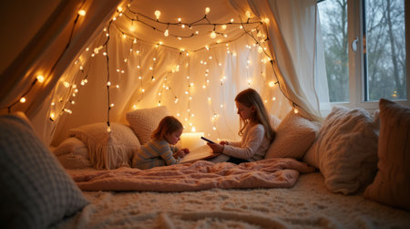 Children reading together in a cozy indoor blanket tent lit by warm string lights, with a serene window view, creating a peaceful atmosphereの素材
