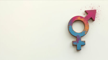 Multicolored gender symbol painted in vibrant hues on a light, minimalist background. Concept of gender diversity and equality. Copy spaceの素材