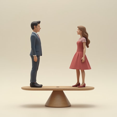 Two stylized figurines of a man and woman standing on a wooden seesaw, neutral beige background, concept of equality and balanceの素材