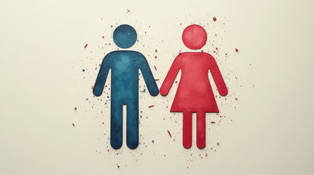 Male and female symbols made of textured materials in blue and red, surrounded by scattered debris on a light background. A concept of gender equalityの素材