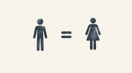 Gender equality symbol depicting a man and woman figure connected by an equals sign on a beige background, promoting fairness conceptの素材