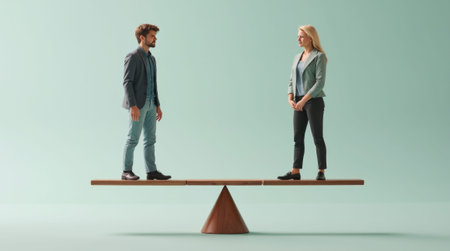 A man and woman stand on a wooden seesaw in balance, minimalist design, pastel green background, concept of gender equality. Concept of gender equality.の素材
