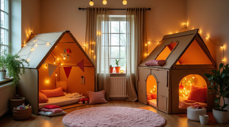 Children's room with cardboard playhouses, warm string lights, soft rugs, and plants, creating a cozy and inviting atmosphere. Concept of playhouse in child roomの素材
