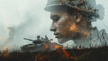 Post traumatic stress disorder. Soldier amidst the smoke. A tribute to the realities of war.の素材