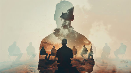 Male veteran in camouflage uniform sitting in circle during PTSD group therapy session. Emotional support concept.の素材