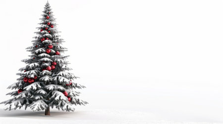 A Christmas tree with red balls is surrounded by a snowy landscape, which adds to the festive atmosphere. Copy place.の素材