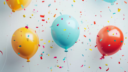 The balloons are of different colors and sizes, and the confetti adds a festive touch to the scene. Scene is celebratory and joyfulの素材