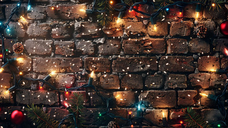 A brick wall with photo realistic Christmas lights. Space for textの素材