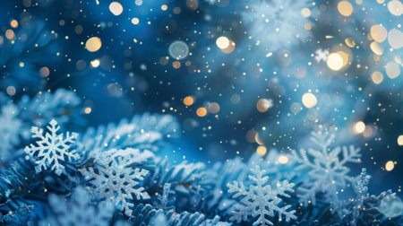 A Christmas blue background with snowflakes falling. The snowflakes are small and scattered, creating a peaceful and serene atmosphereの素材