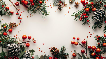 A white background with Christmas wreath with red berries and pine cones. Copy place.の素材
