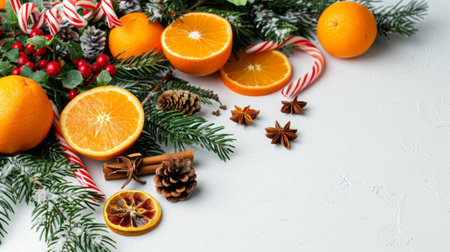 The oranges are in various stages of ripeness, and the spices are scattered around them on white background . Place for text.の素材